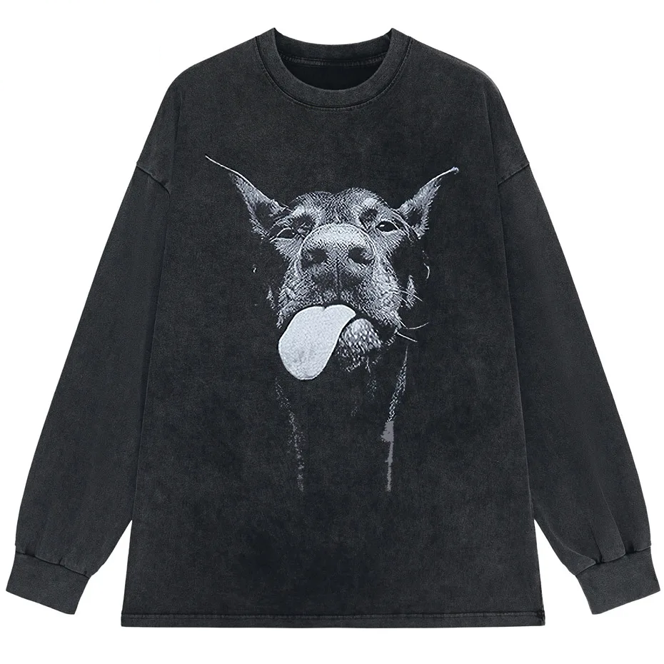 Gothic Dog Letter Print Vintage Washed Oversized T-Shirt