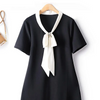 V Neck Bowknot Contrast Color Space Cotton Drape Solid Loose Waist Pullover Female Dress