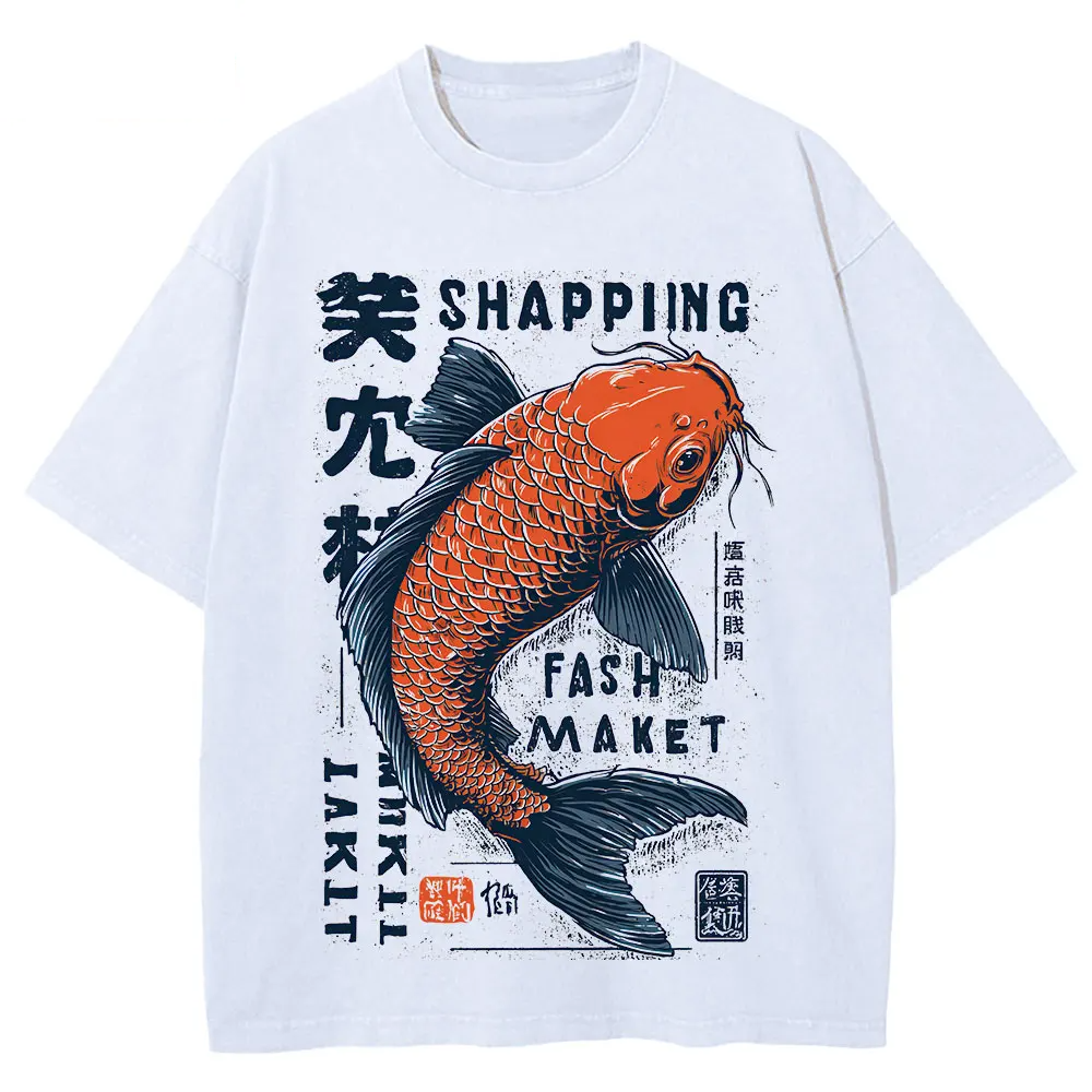 Men Summer Japanese Koi Fish Print Short Sleeve T Shirt Navy Blue