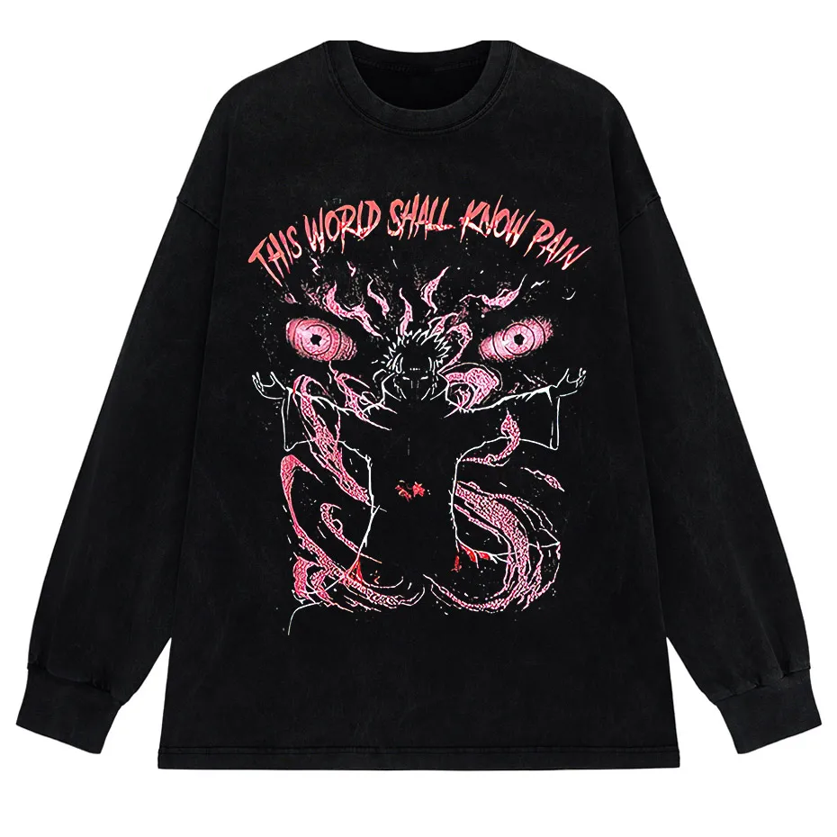 Anime Pain Print Vintage Washed T-Shirt 100% Cotton Harajuku Streetwear