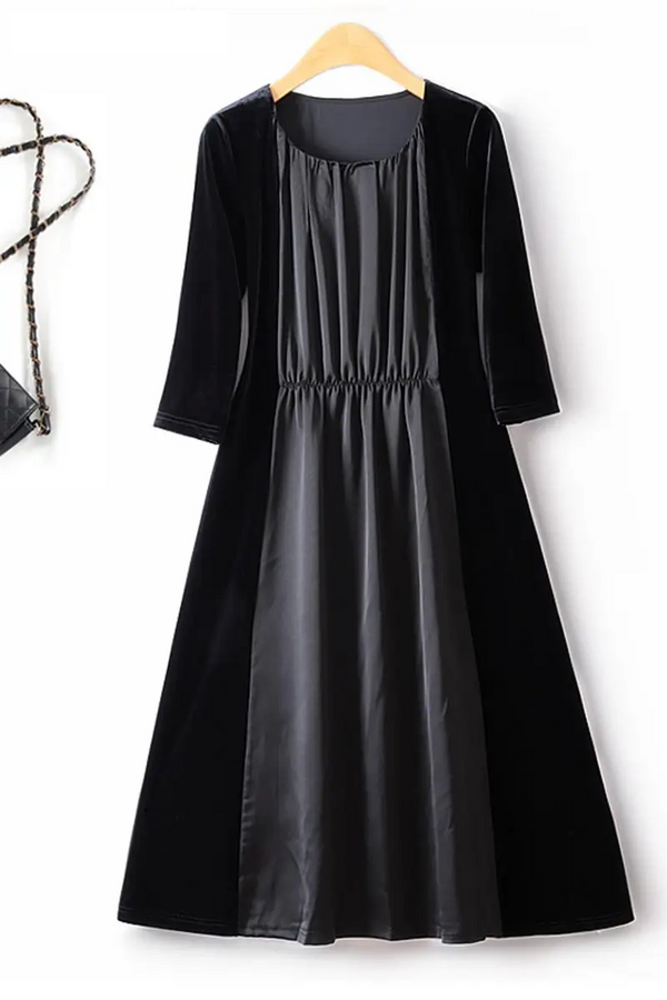 Autumn Thin Elastic Waist Fake Two Piece O Neck Drape Velvet Hepburn Style Female Dress