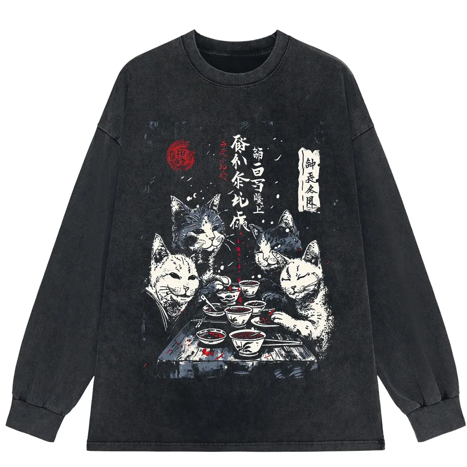 Japanese Cat Cartoon Graphic Baggy T-Shirt Men Streetwear