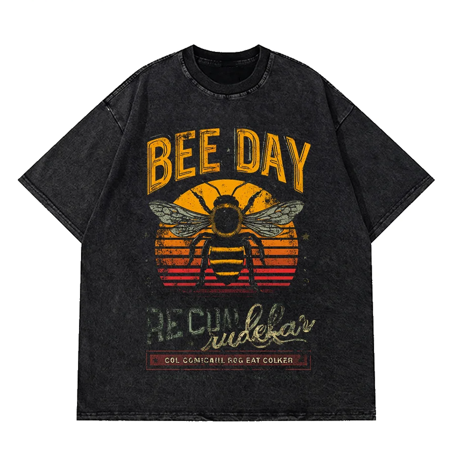 Bees Print Vintage Acid Wash Cotton T-Shirt (Unisex)