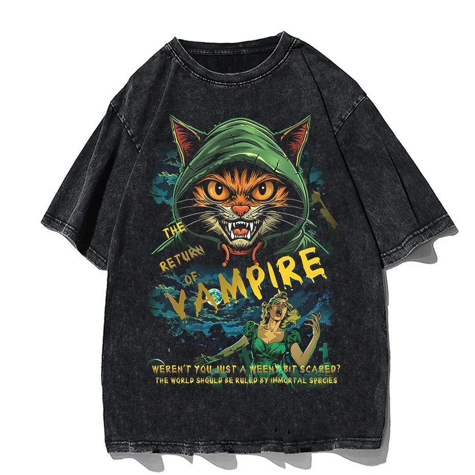 Japanese Cat Cartoon Graphic Baggy T-Shirt Men Streetwear