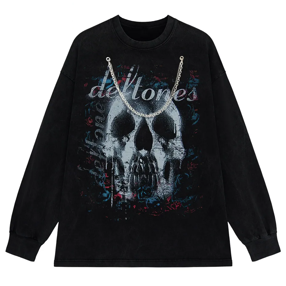 Hip-Hop Skull T-Shirt Men Vintage Harajuku Y2K Streetwear Black Cotton Tee