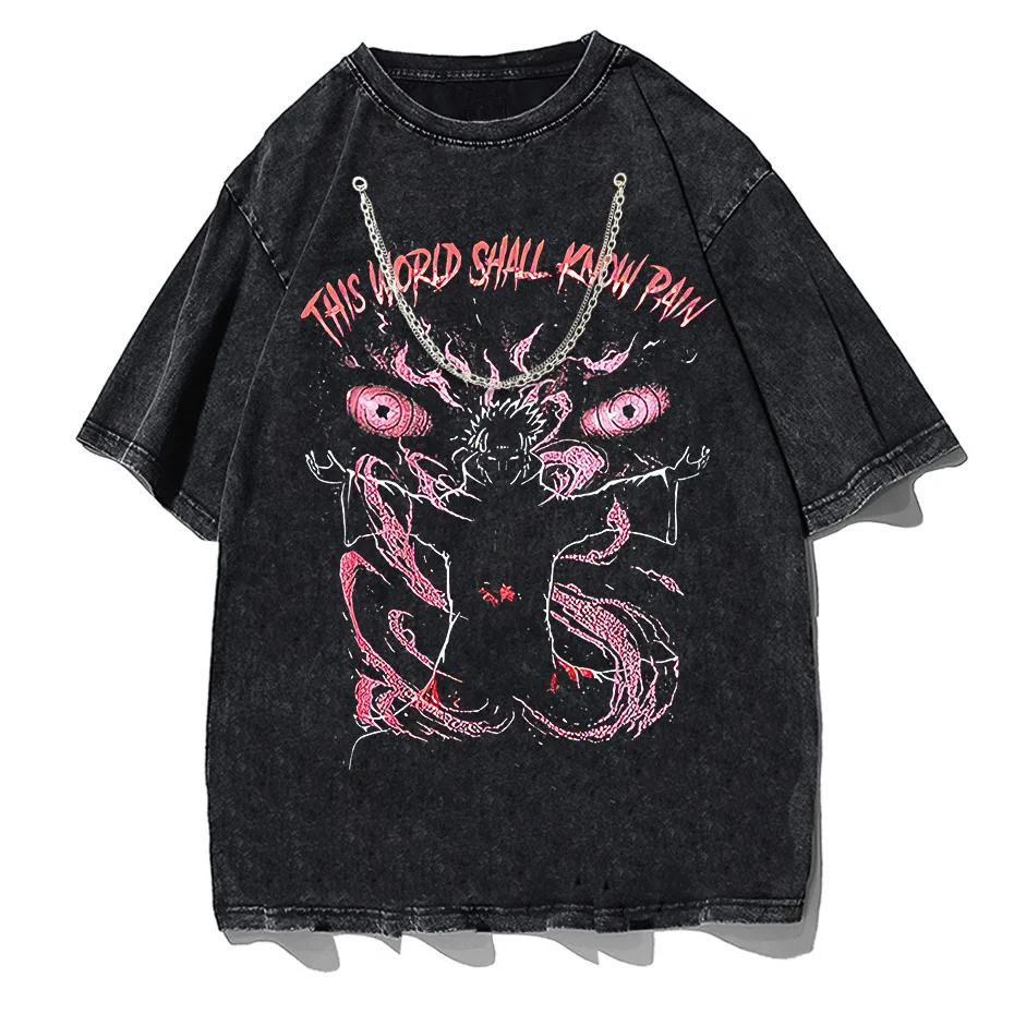 Anime Pain Print Vintage Washed T-Shirt 100% Cotton Harajuku Streetwear