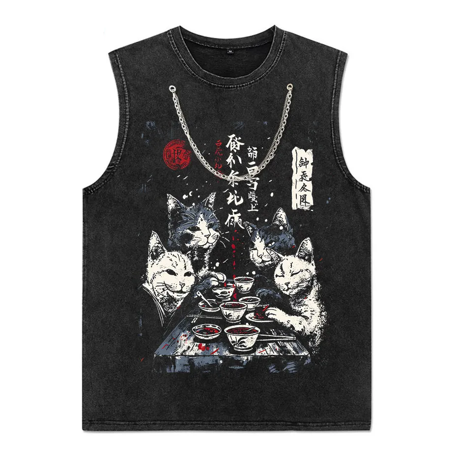 Japanese Cat Cartoon Graphic Baggy T-Shirt Men Streetwear