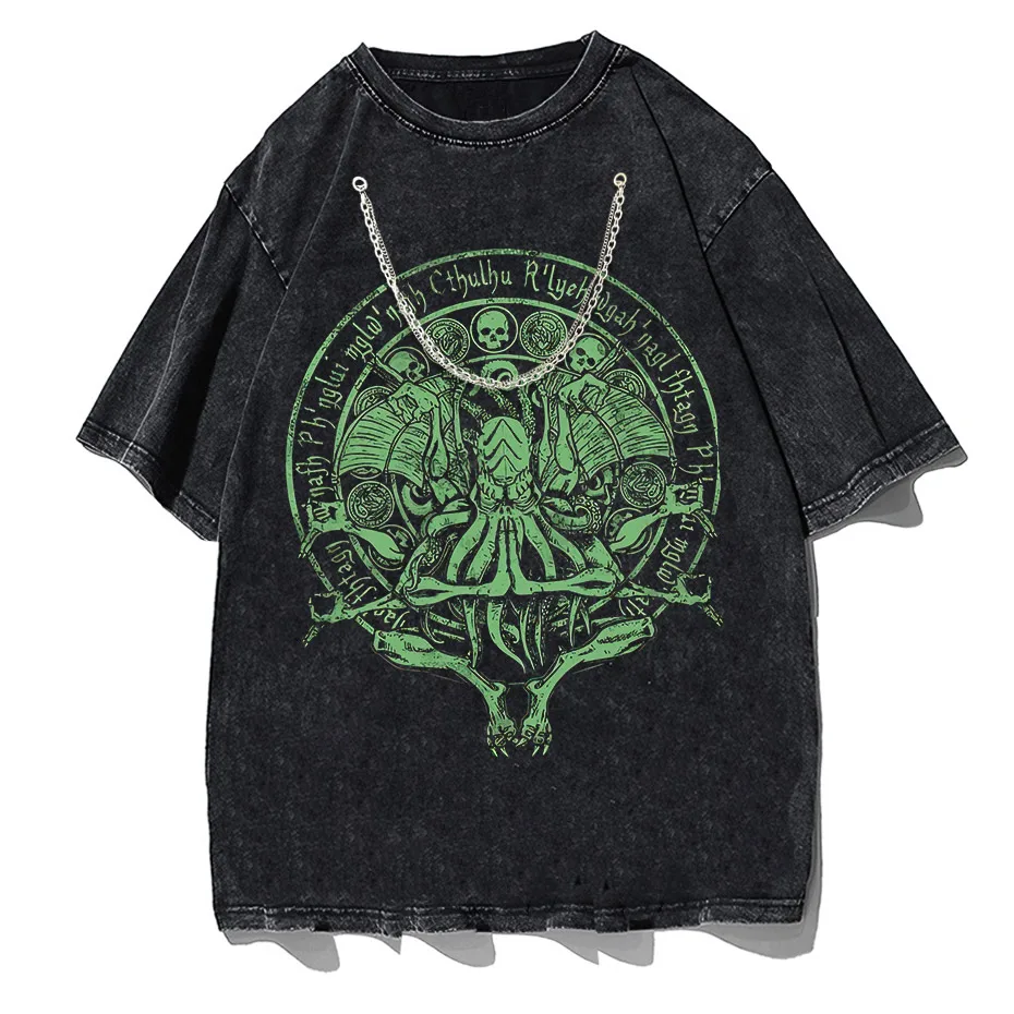 Vintage Green Cthulhu T-Shirt Men Oversized Streetwear Tee