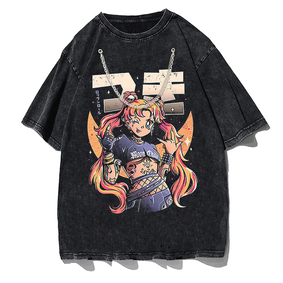 Men's Retro Anime Girl Graphic T-Shirt Cotton Oversized Vintage Tee