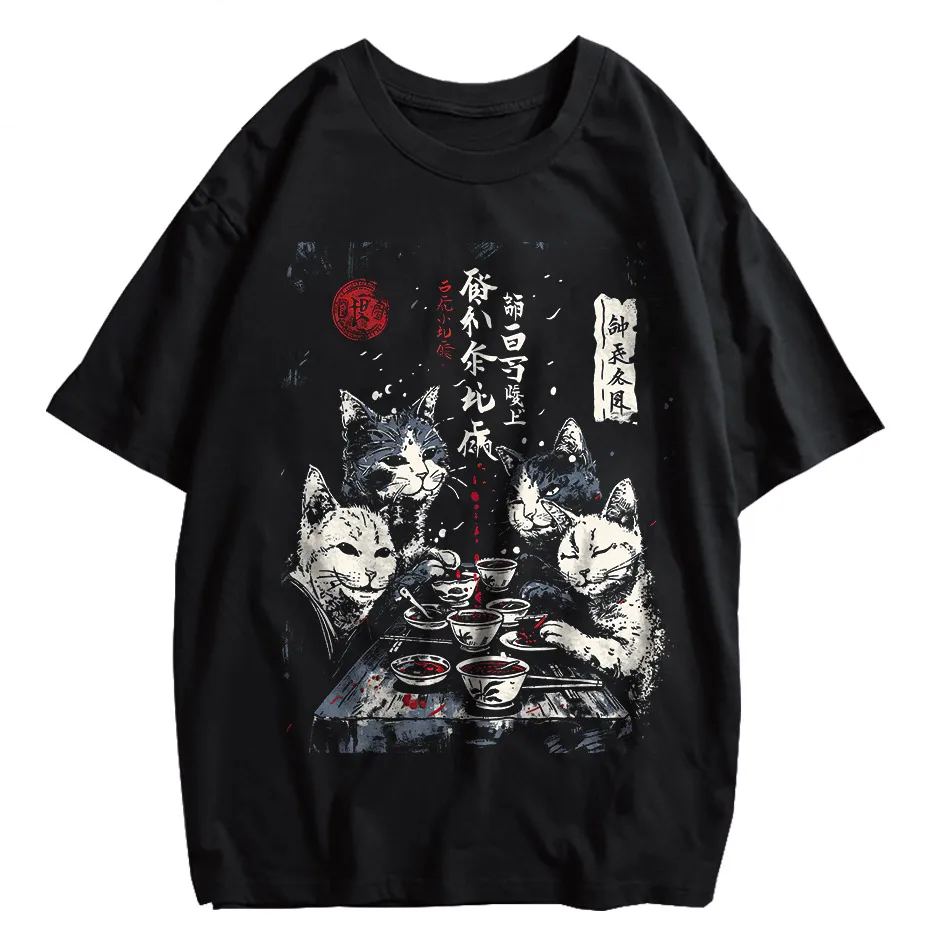 Japanese Cat Cartoon Graphic Baggy T-Shirt Men Streetwear