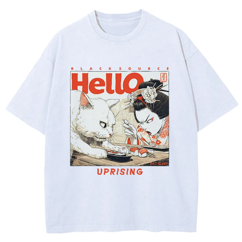 Funny Japanese Cat Print Vintage Cotton T-Shirt