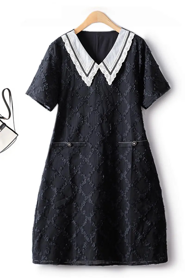 European Station Jacquard Women's Dresses Summer V Neck Lace Embroidery Contrast Color Hepburn Style Black Banquet Dress