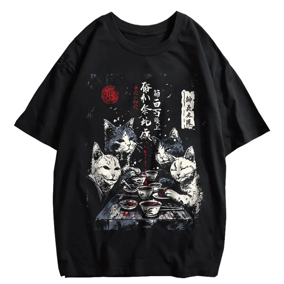 Japanese Cat Cartoon Graphic Baggy T-Shirt Men Streetwear