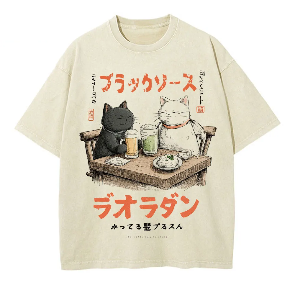 Japanese Cat Cartoon Graphic Baggy T-Shirt Men Streetwear