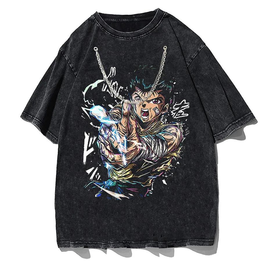 Hip Hop Vintage Washed T-Shirt Men Japanese Anime Boy Graphic Harajuku Streetwear Cotton Summer Tee