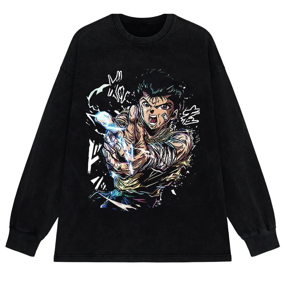 Hip Hop Vintage Washed T-Shirt Men Japanese Anime Boy Graphic Harajuku Streetwear Cotton Summer Tee