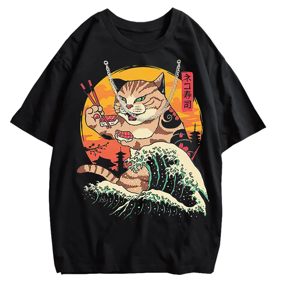 Japanese Genki Cat Anime Print Men's T-Shirt Casual O-Neck