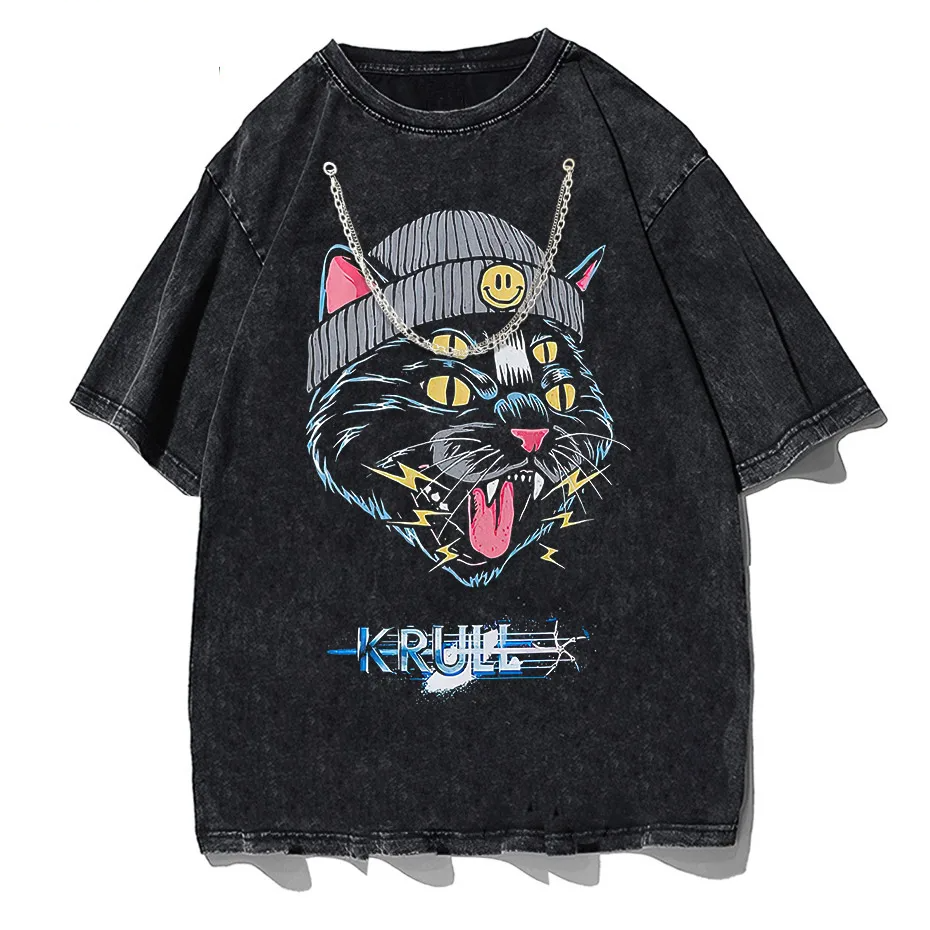 Hip Hop Oversized Cat Graphic T-Shirt Washed Cotton Streetwear Harajuku Tee