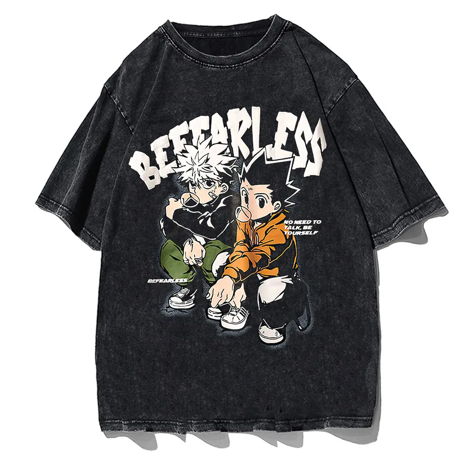 Men's Distressed Anime Graphic T-Shirt Hip Hop Harajuku Streetwear Cotton Oversized Tee