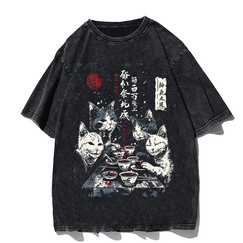 Japanese Cat Cartoon Graphic Baggy T-Shirt Men Streetwear