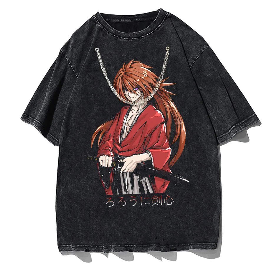 Rurouni Kenshin Washed Anime Graphic T-Shirt Men's Harajuku Streetwear Vintage Cotton Tee