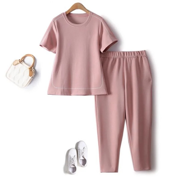 Bright Line Decoration Summer Outfits For Women Loose O Neck Solid Air Cotton Short Sleeve Sweater Trousers Two Piece Sets