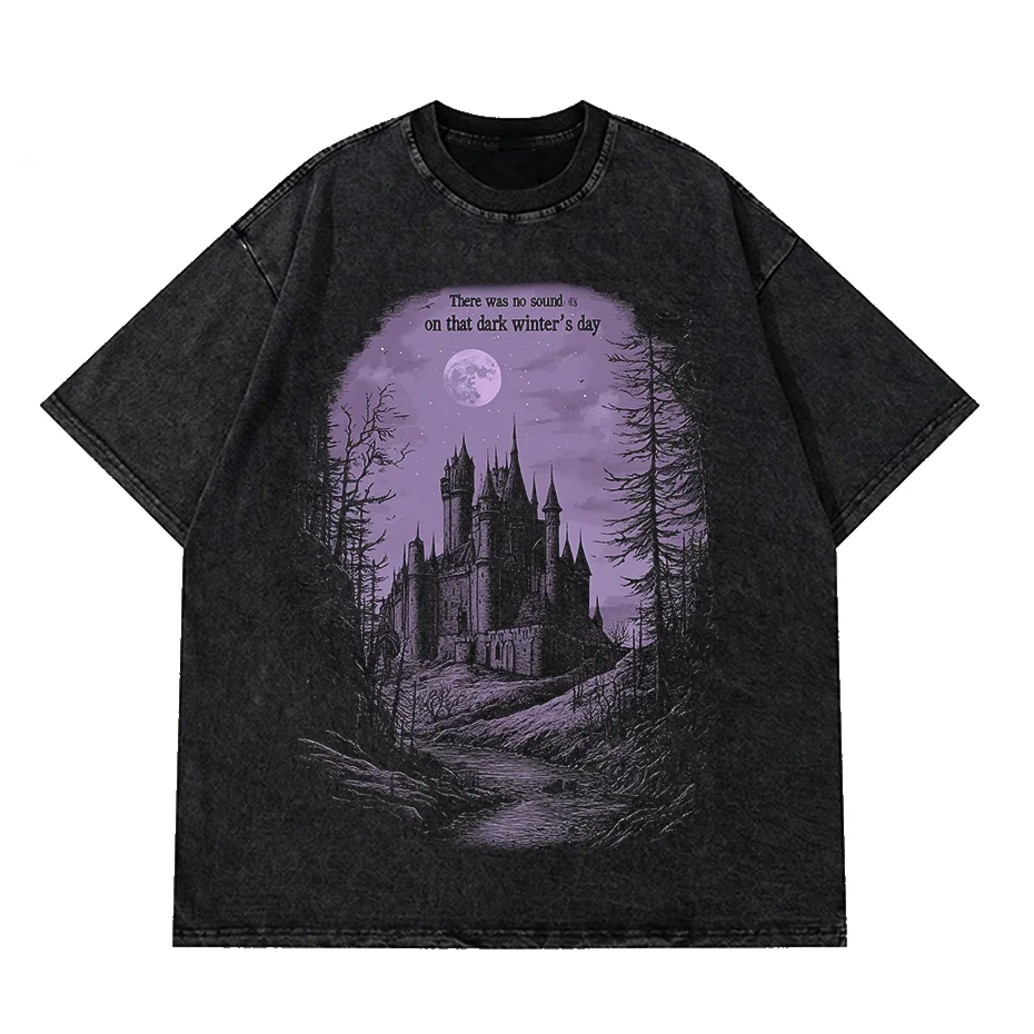 Hip Hop Washed Black T-Shirt Vintage Purple Horror Castle Graphic Cotton Unisex Y2K