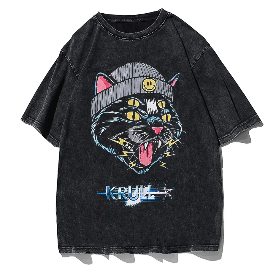 Hip Hop Oversized Cat Graphic T-Shirt Washed Cotton Streetwear Harajuku Tee