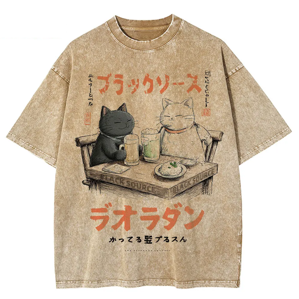 Japanese Cat Cartoon Graphic Baggy T-Shirt Men Streetwear