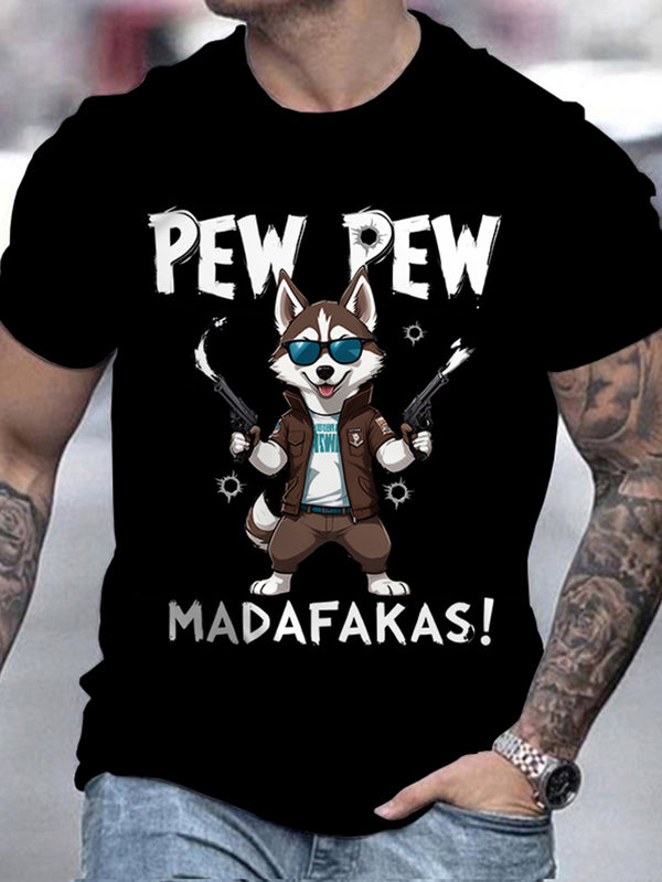 A Men's Polyester Sports T-shirt With A Husky Dog Cartoon And Pew Pew Meme, Round Neck Short Sleeved Regular Style