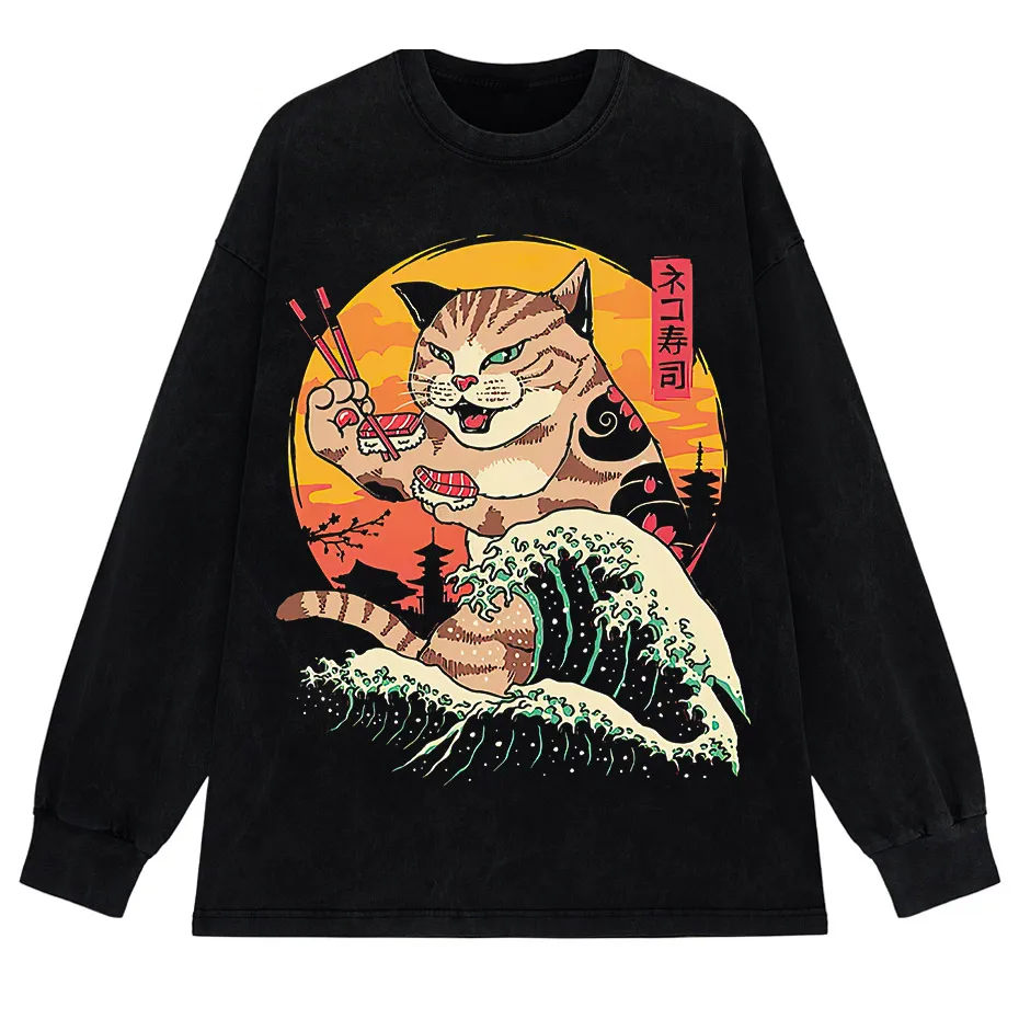 Japanese Genki Cat Anime Print Men's T-Shirt Casual O-Neck