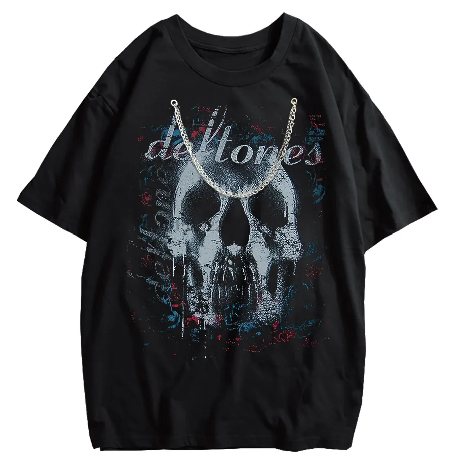 Hip-Hop Skull T-Shirt Men Vintage Harajuku Y2K Streetwear Black Cotton Tee