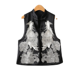 Vest For Women Chinese Style Disc Button Stand Collar Exquisite Craft Embroidery Animal Chiffon Silk Sleeveless Jackets