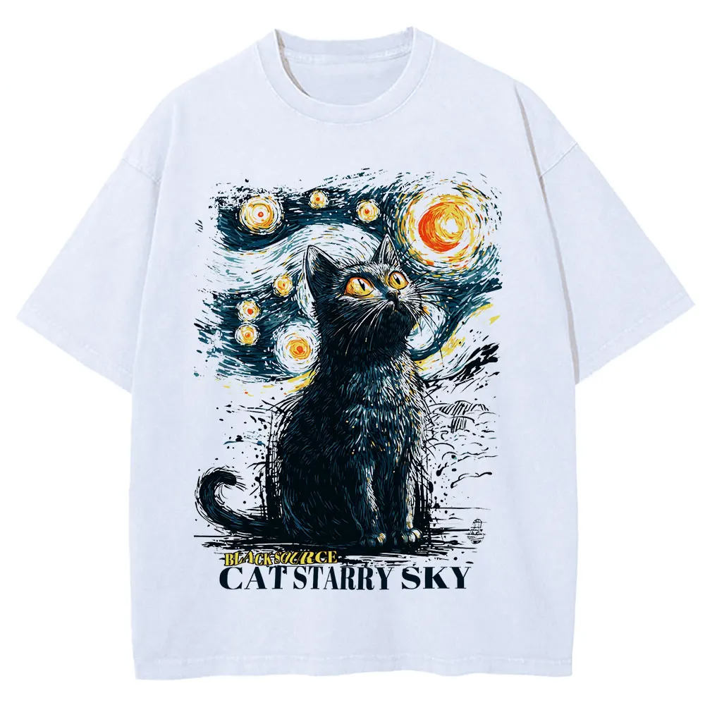 Black Cat Starry Sky Vintage T-Shirt Cotton Unisex Graphic Tee