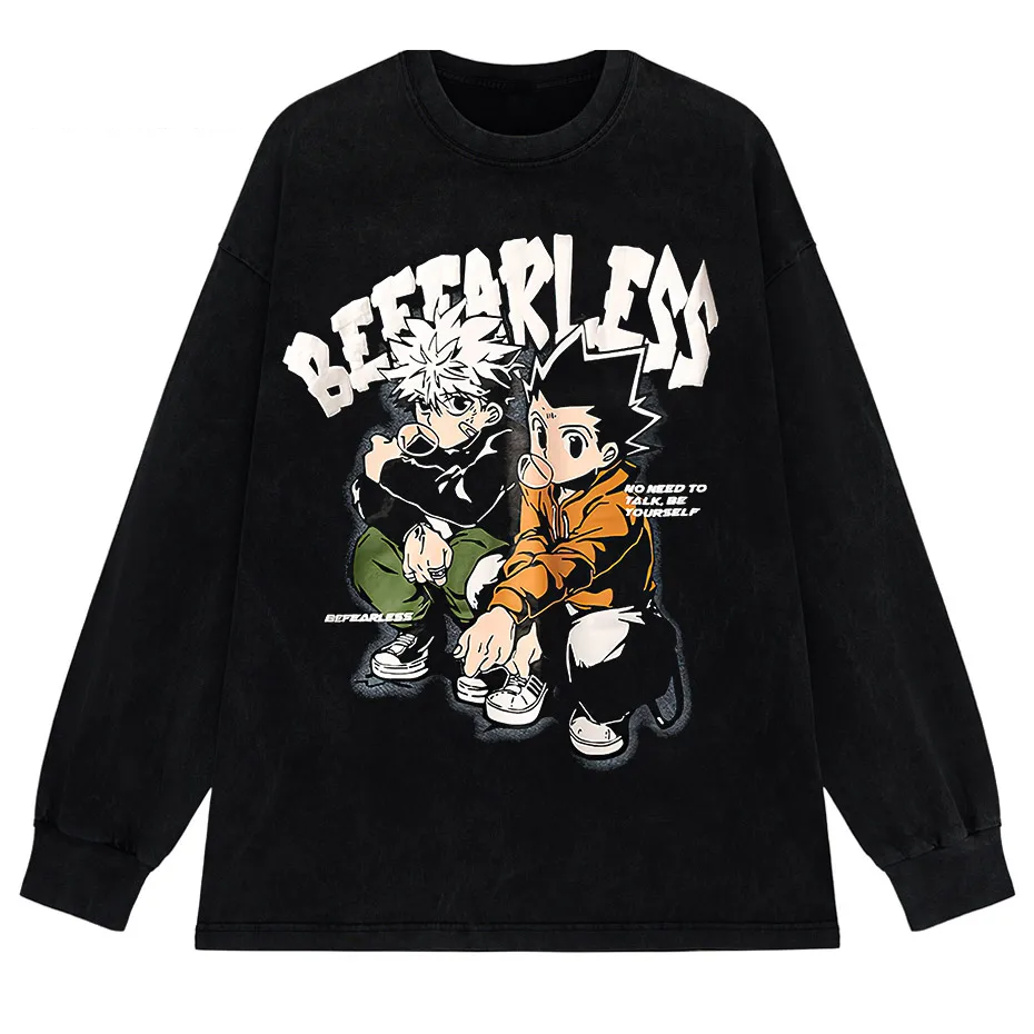 Men's Distressed Anime Graphic T-Shirt Hip Hop Harajuku Streetwear Cotton Oversized Tee