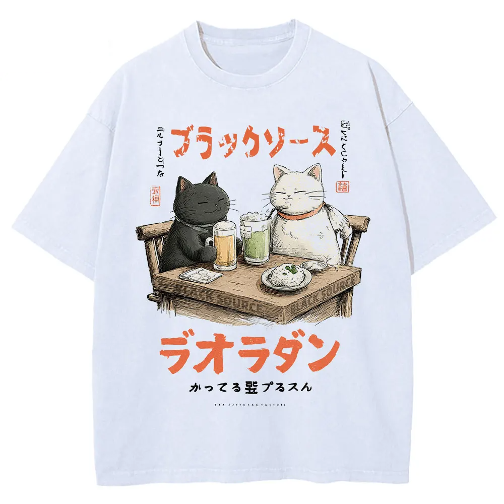 Funny Drinking Cat Japanese Harajuku Streetwear T-Shirt Cotton Unisex