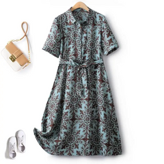 Summer Dress Woman Trendy Elegant Vintage Turn Down Collar Over Knee Single Breast Drop Large Swing Flower Female Dresses