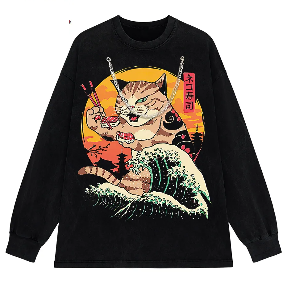 Japanese Genki Cat Anime Print Men's T-Shirt Casual O-Neck