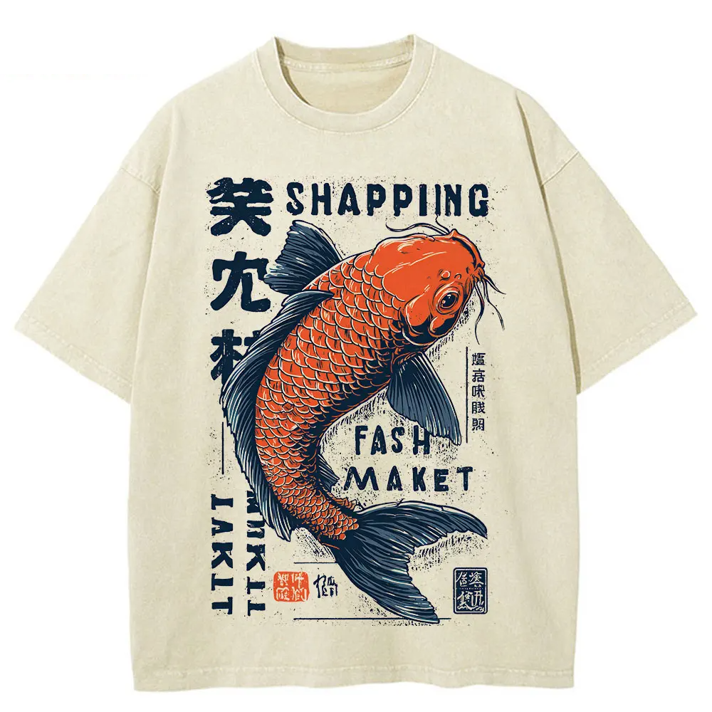 Men Summer Japanese Koi Fish Print Short Sleeve T Shirt Navy Blue
