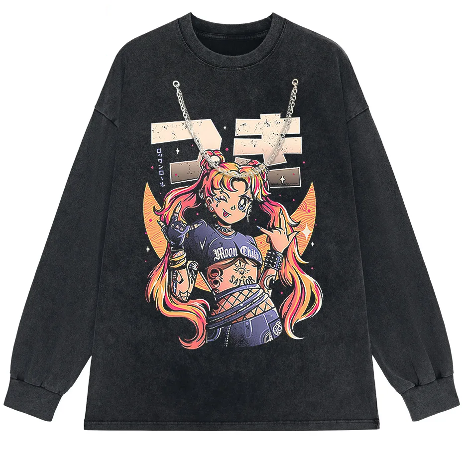 Men's Retro Anime Girl Graphic T-Shirt Cotton Oversized Vintage Tee