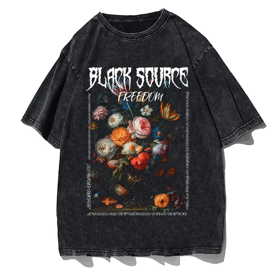 Gothic Rose Letter Print Vintage Washed Oversized T-Shirt