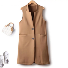 Sleeveless Vests For Women Retro Outerwear Spring Autumn Air Cotton Turn Down Collar Long Pocket Casual Jacket Woman