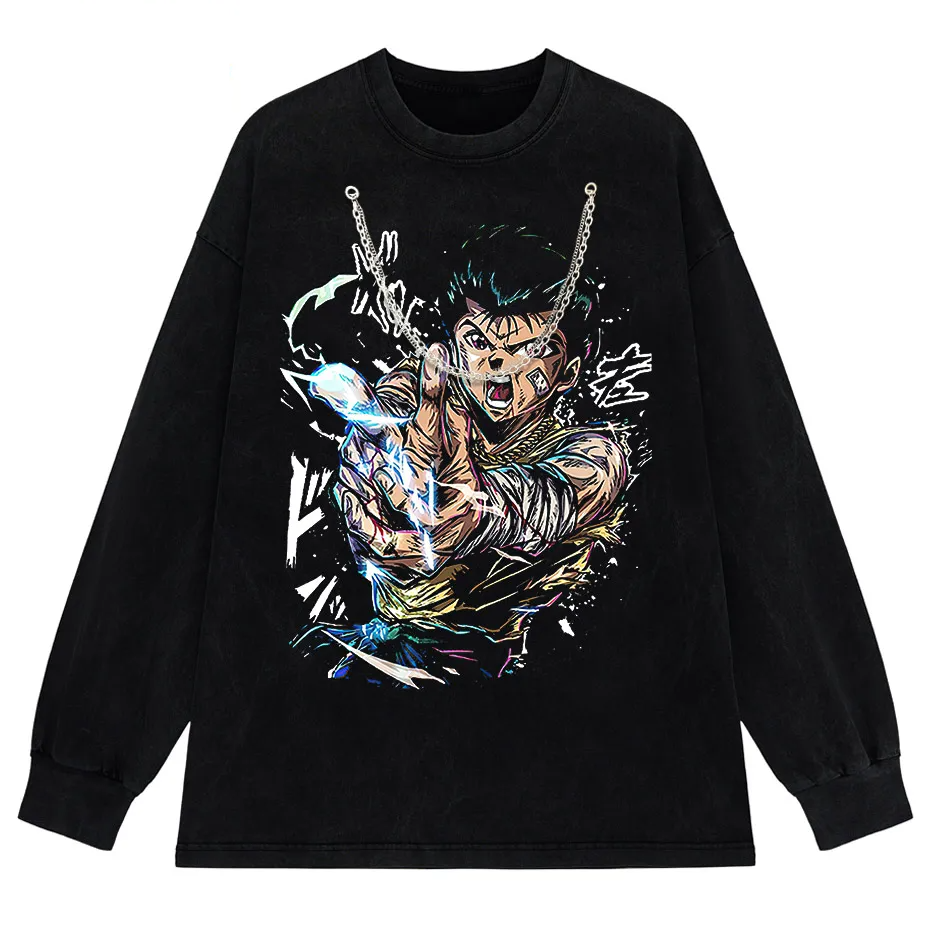 Hip Hop Vintage Washed T-Shirt Men Japanese Anime Boy Graphic Harajuku Streetwear Cotton Summer Tee