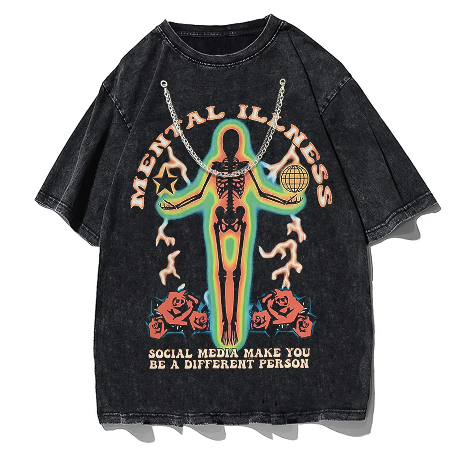 Skeleton Rose Graphic Vintage Washed Cotton T-Shirt Streetwear