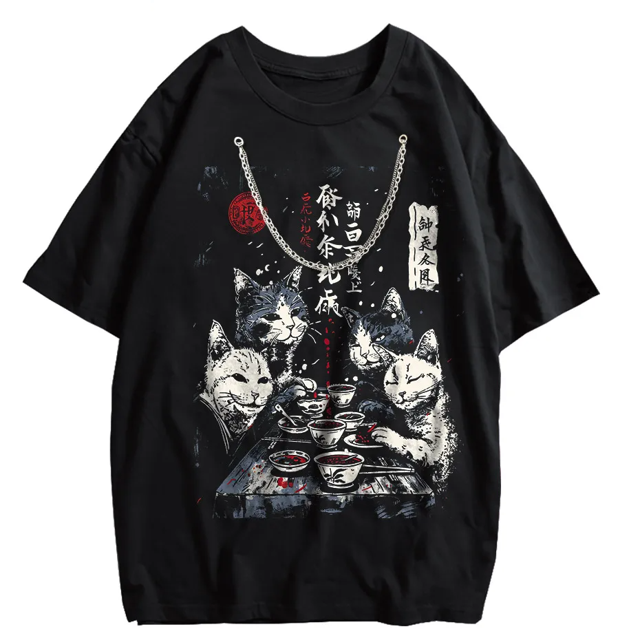 Japanese Cat Cartoon Graphic Baggy T-Shirt Men Streetwear