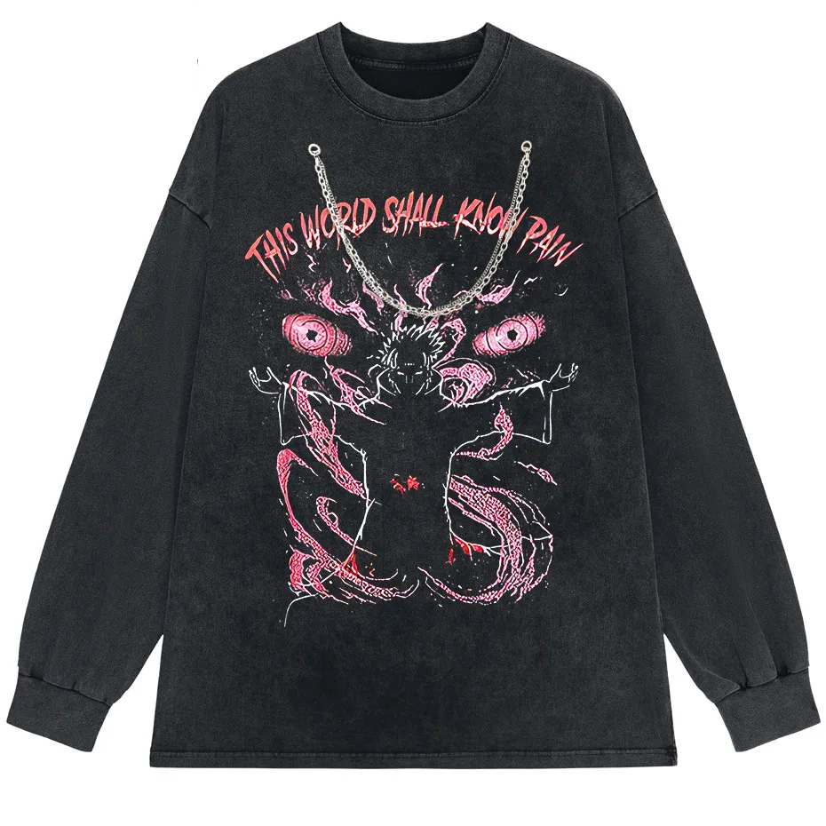 Anime Pain Print Vintage Washed T-Shirt 100% Cotton Harajuku Streetwear