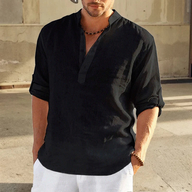 Men's Long-Sleeve Stand-Collar Pullover Shirt with Partial Button Front for Casual Outfits