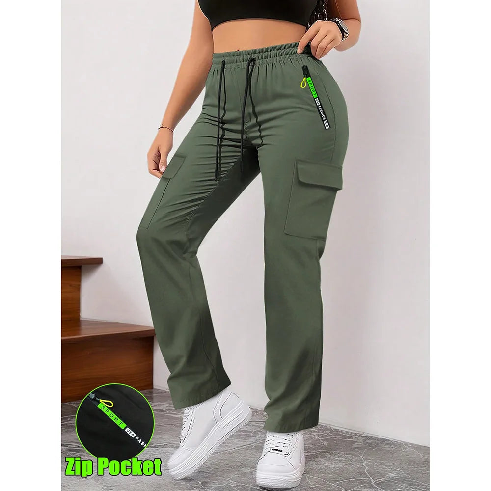 Women's Straight Cargo Pants with Zip Pockets and Adjustable Waist