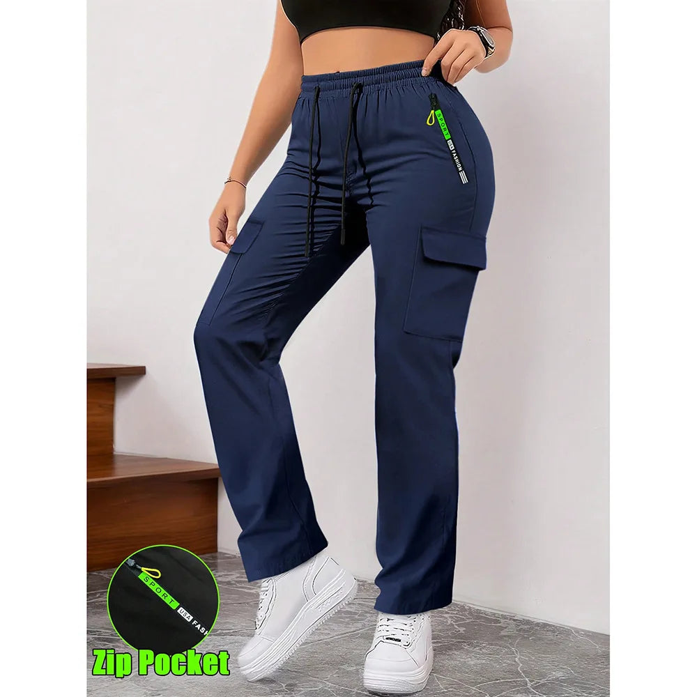 Women's Straight Cargo Pants with Zip Pockets and Adjustable Waist