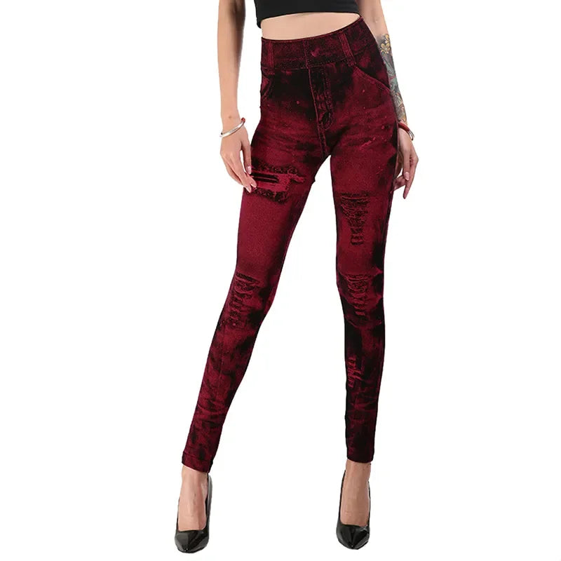 Women's High-Waist Denim-Print Ankle-Length Fitted Leggings